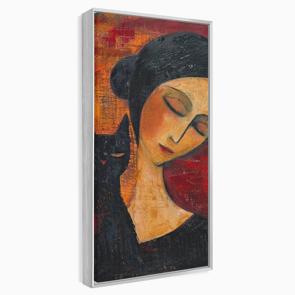 Tablou canvas cu pictura cu femeie si pisica neagra, in rama de aluminiu argintiu